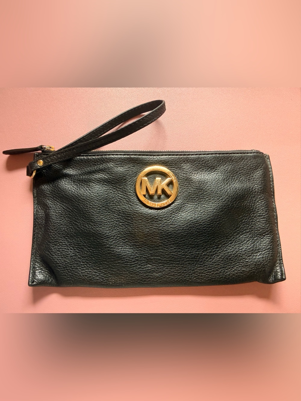Michael Kors Black Leather Wristlet with Gold Logo Disk